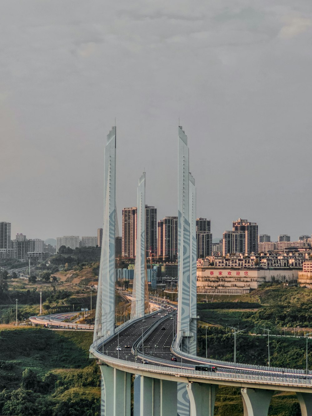 a view of a bridge with tall buildings in the background