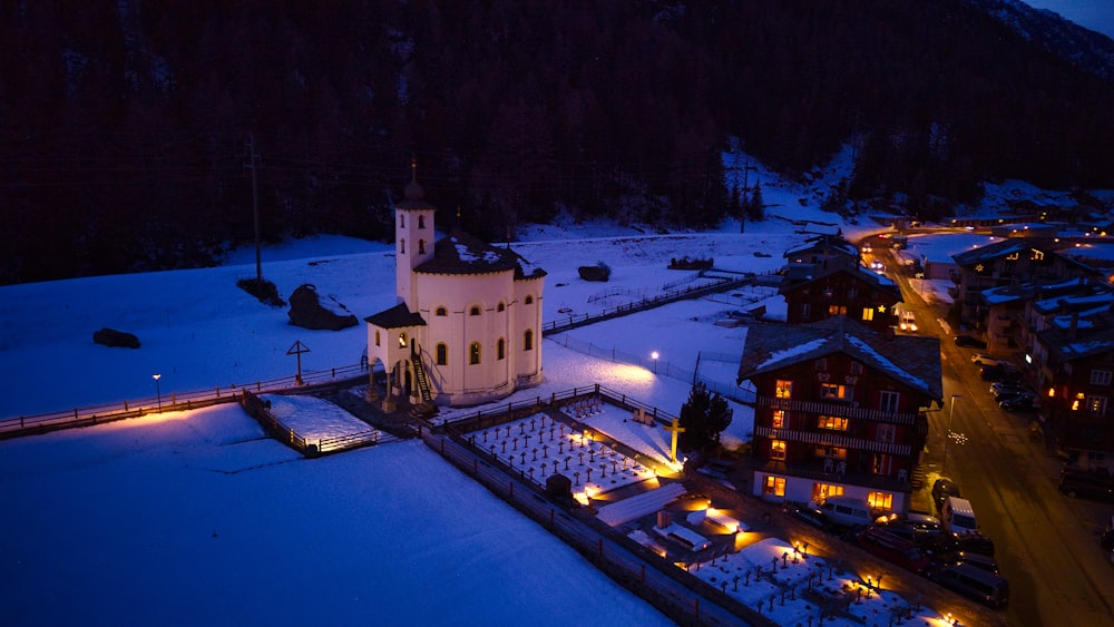 an aerial view of a town at night