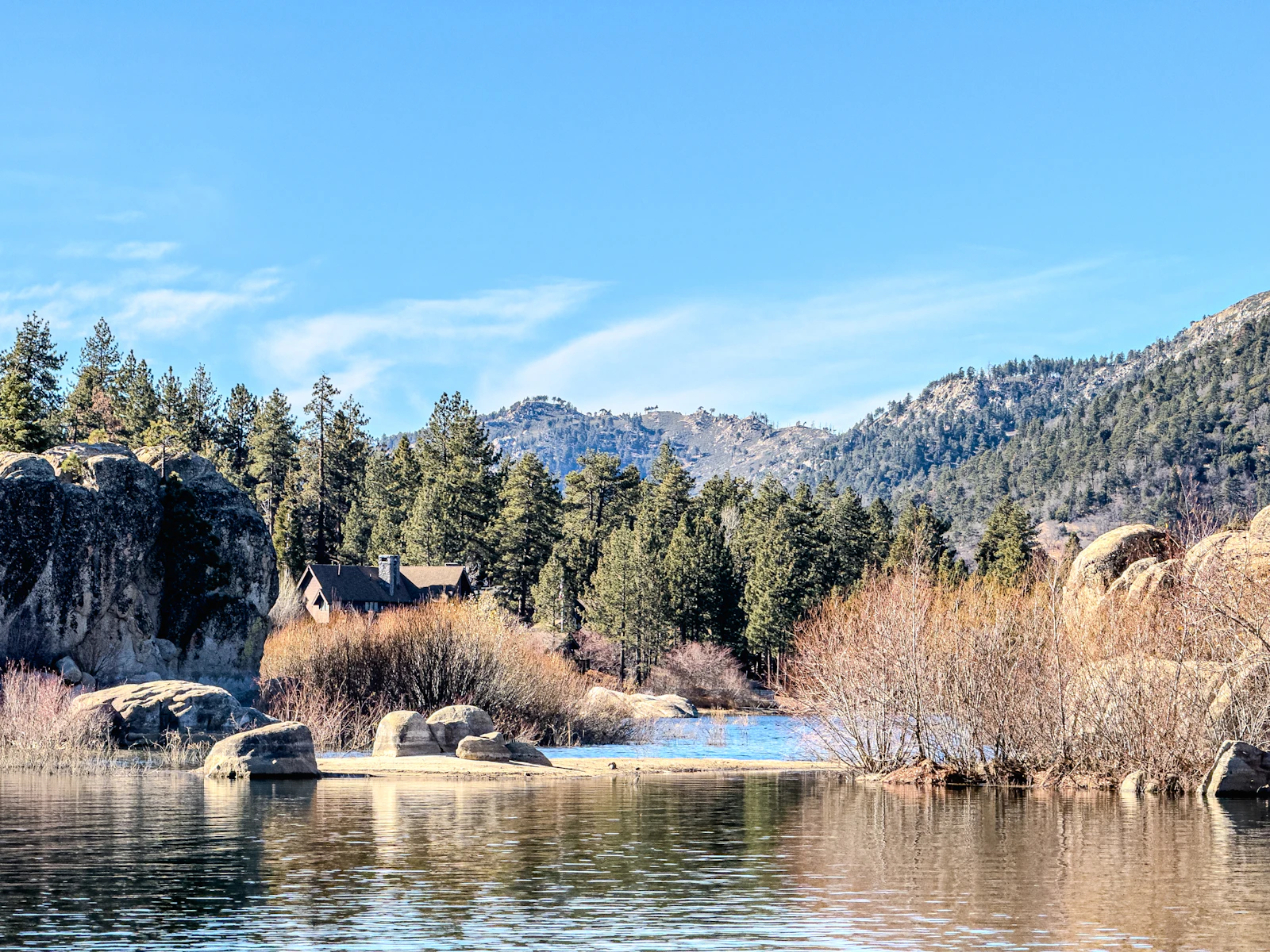 Big Bear Lake surrounded by pine-covered mountains