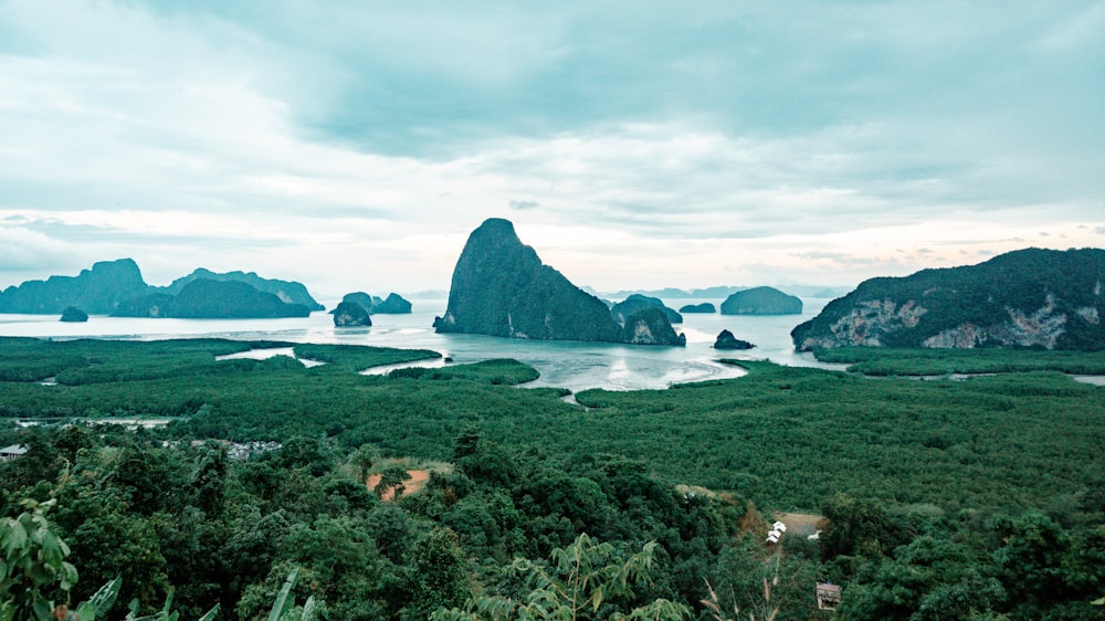 une vue aérienne d’une île avec un plan d’eau entouré d’arbres