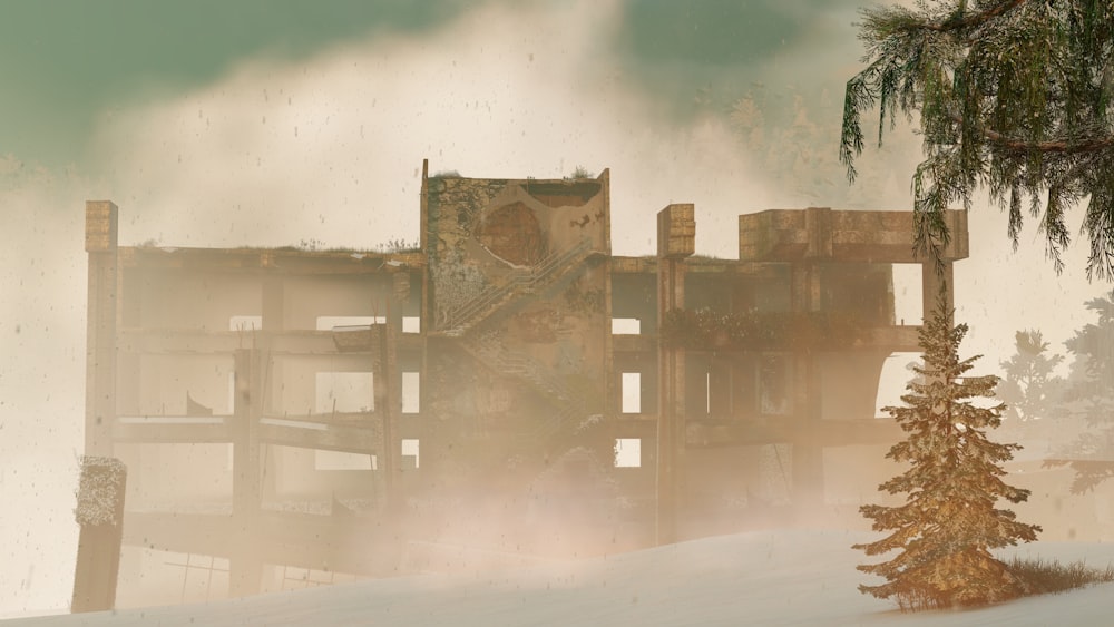 a large building sitting on top of a snow covered hillside