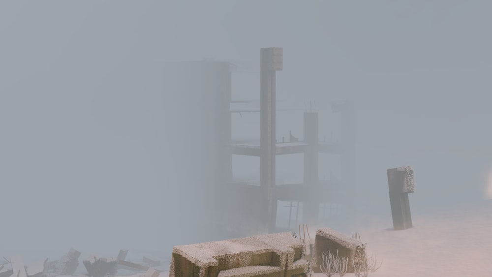 a foggy day with a bench and a clock