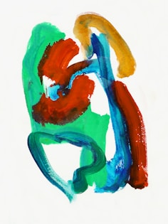 a painting of a red, blue, and green figure