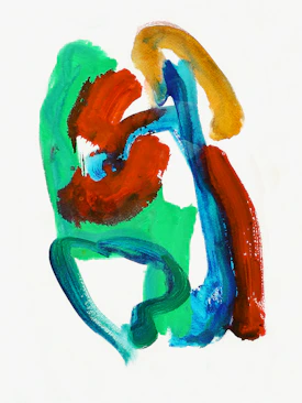 a painting of a red, blue, and green figure