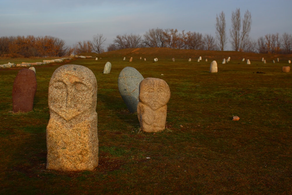 a group of stone heads in a grassy field