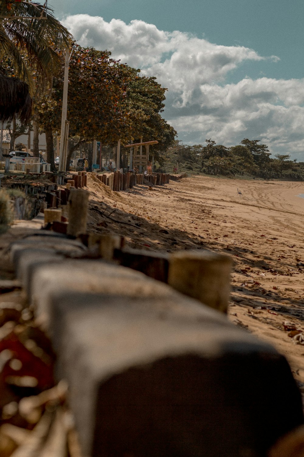 a bench sitting on top of a sandy beach