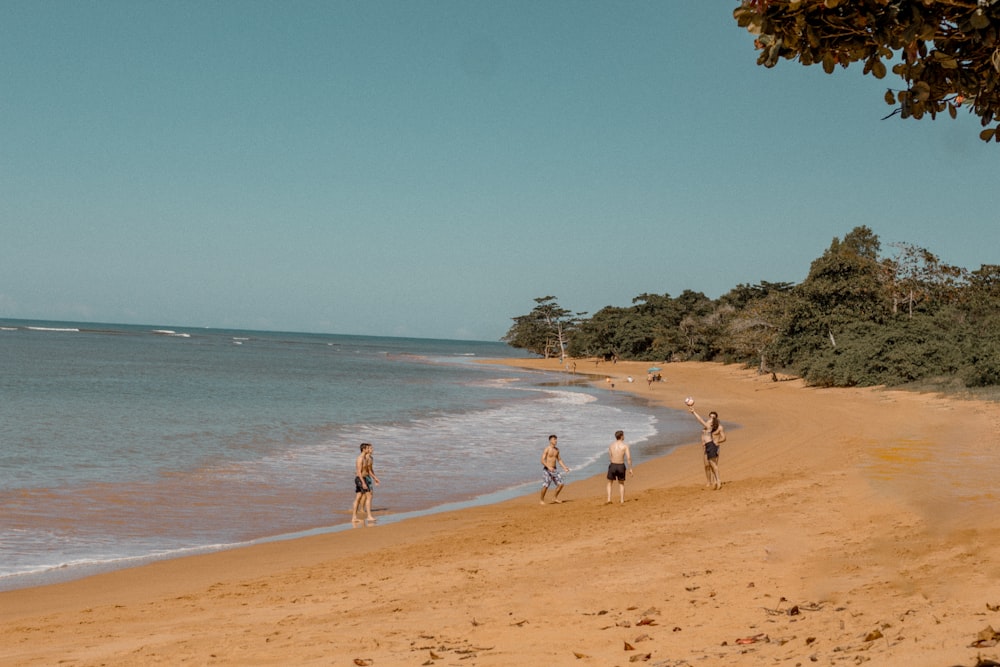 a group of people standing on top of a sandy beach