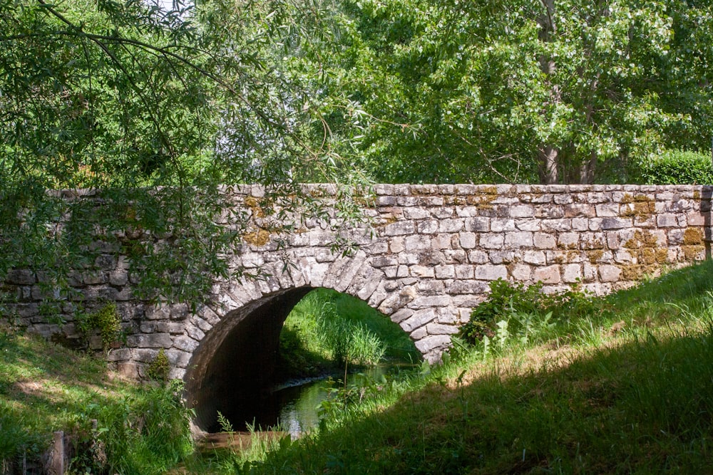 a stone bridge over a stream in a park