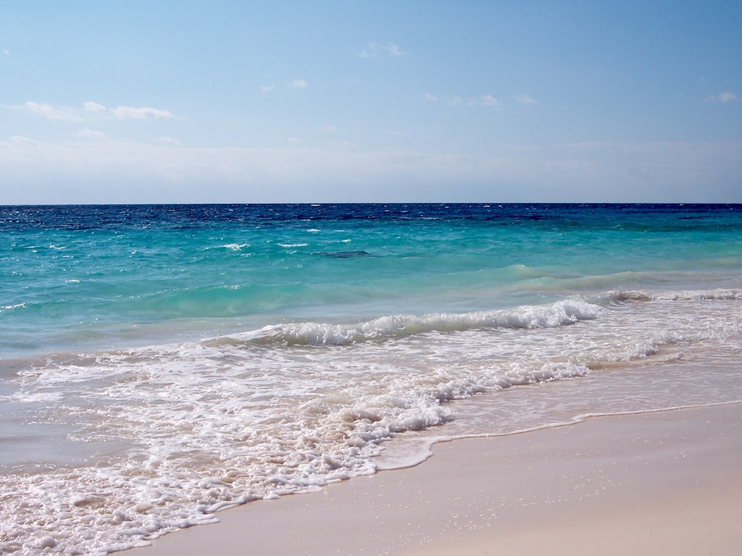 a sandy beach with a wave coming in to shore,