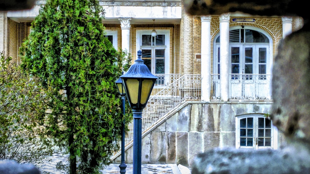 a street light in front of a building