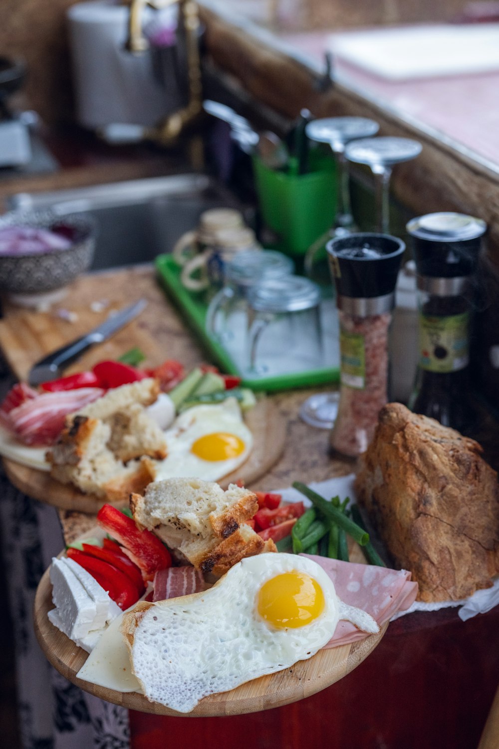 a wooden table topped with lots of food