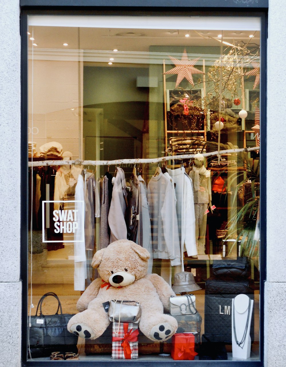 a teddy bear sitting in a window of a clothing store
