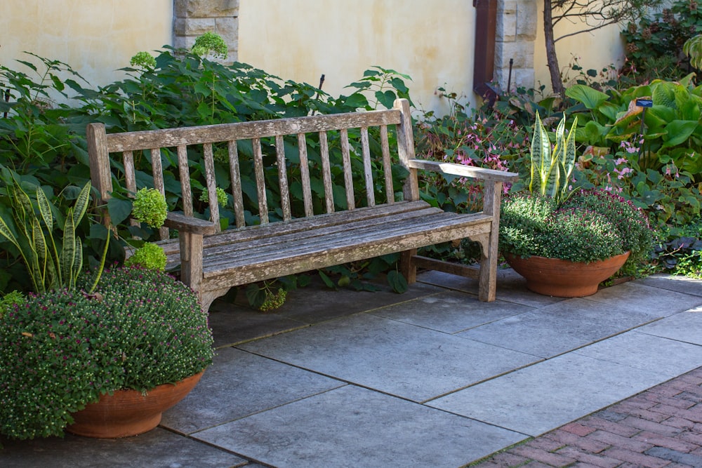 a wooden bench surrounded by potted plants