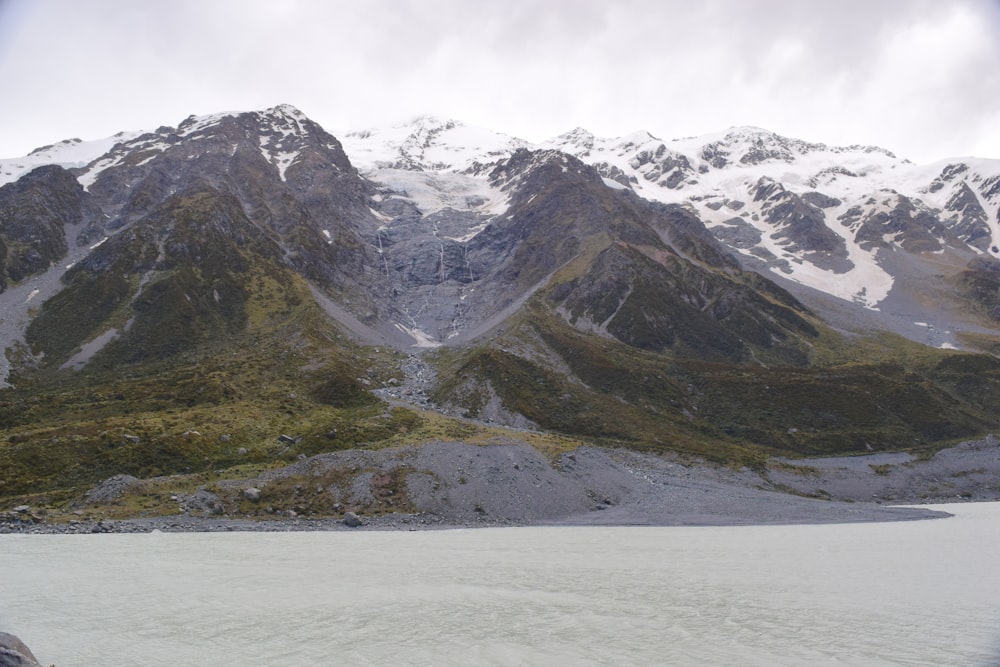 a view of a mountain range with snow on it