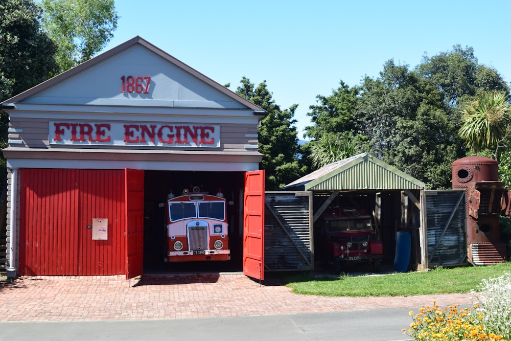 a fire engine is parked in a garage