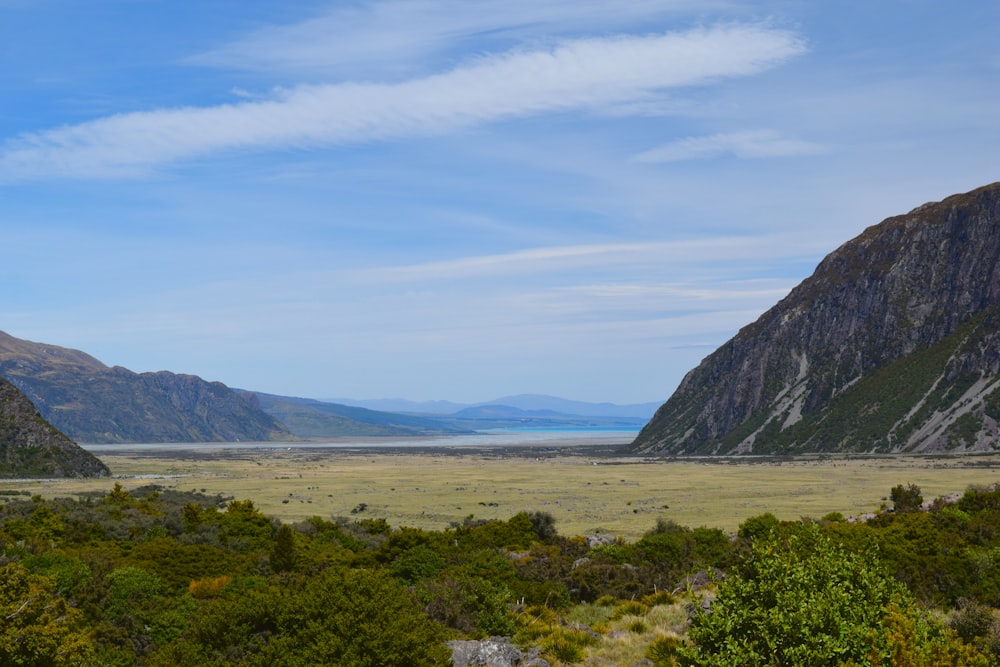 a view of a valley with mountains in the background