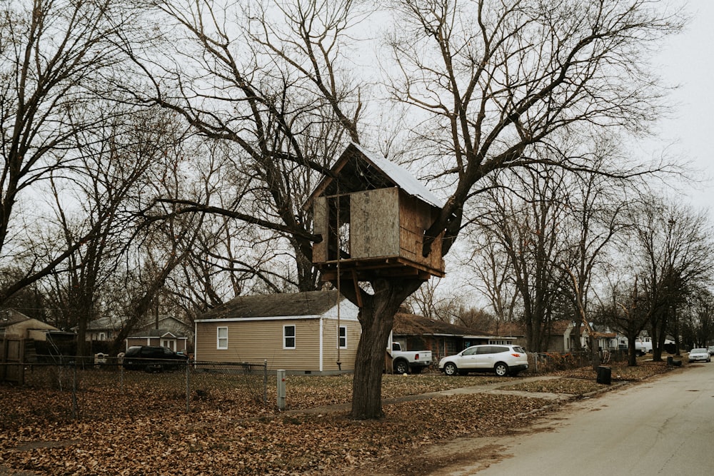 a tree house in the middle of a neighborhood