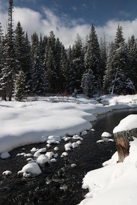 The Fraser River winding through snowy forest near Winter Park