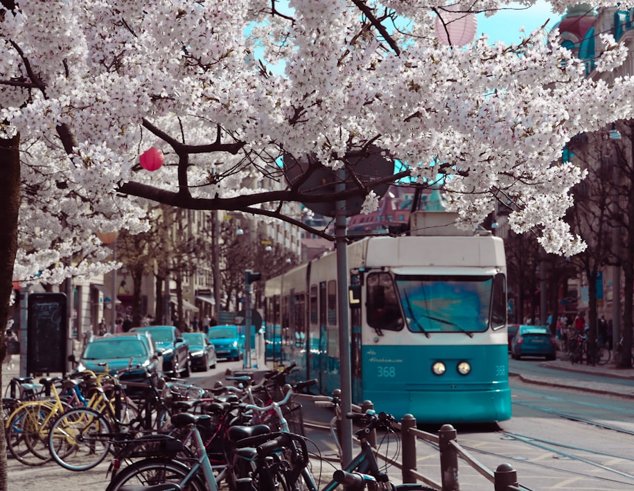 a blue and white bus driving down a street