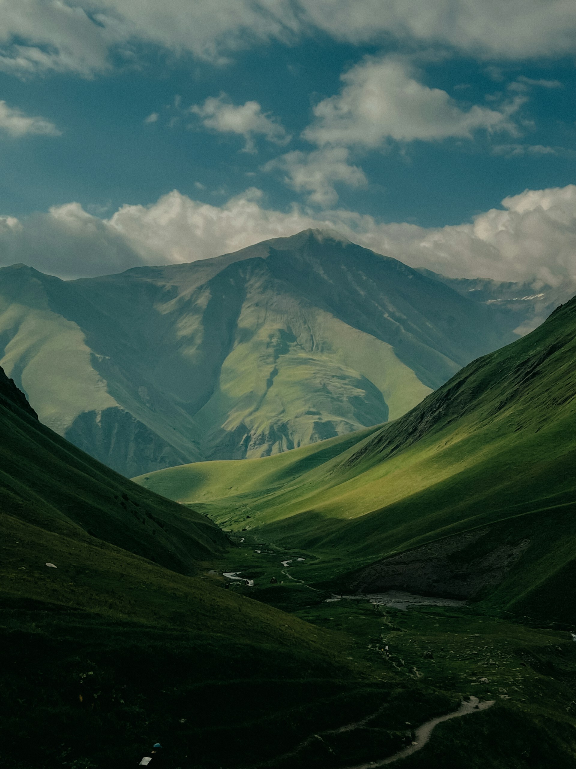 a green valley with a mountain in the background