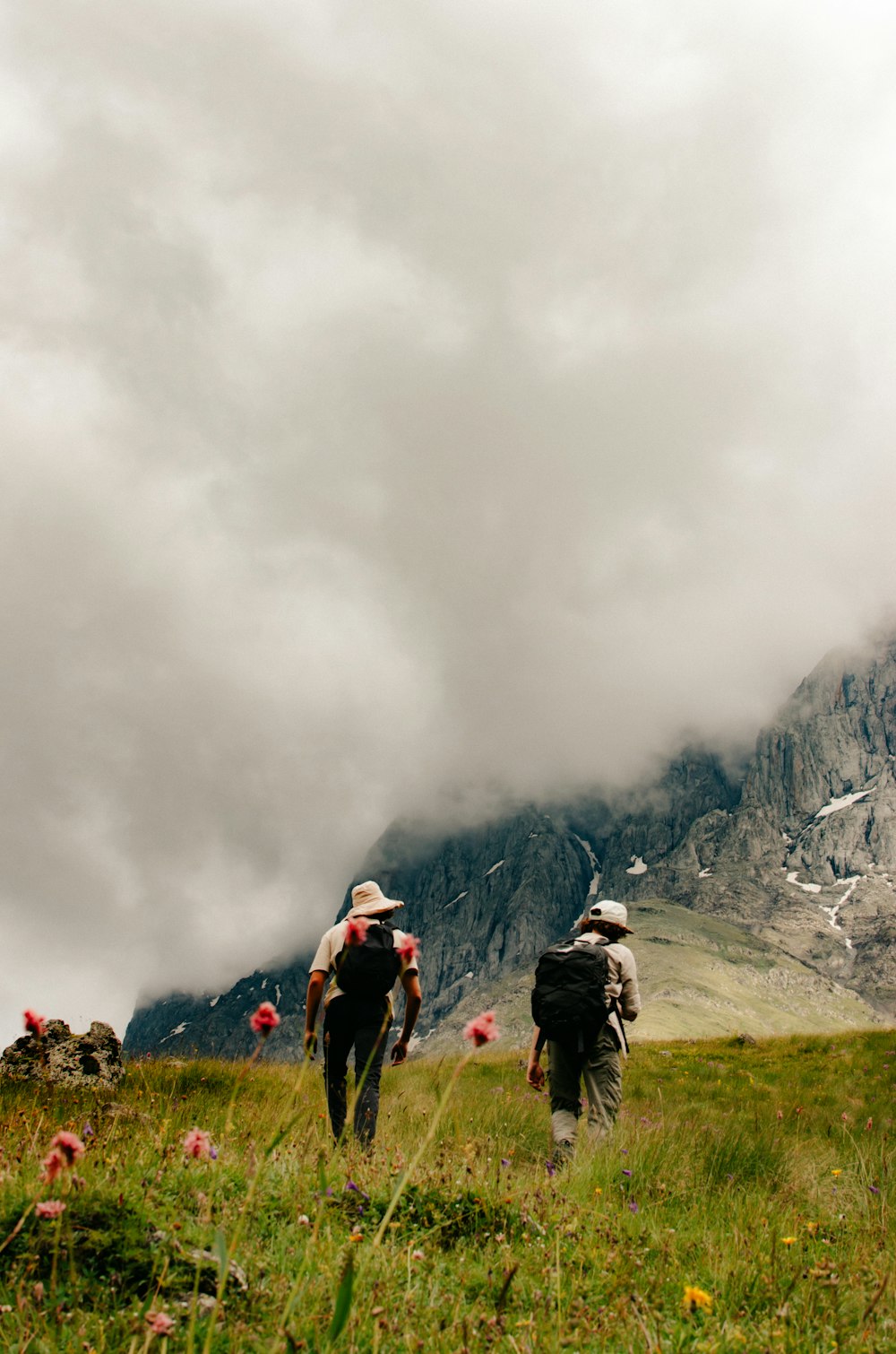 a couple of men walking across a lush green field