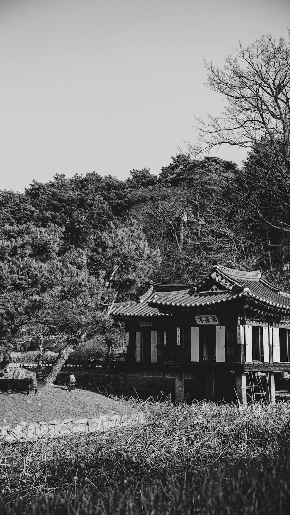 a black and white photo of a house in a field