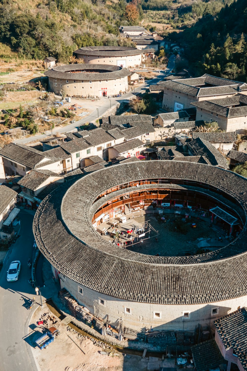 an aerial view of a large circular building