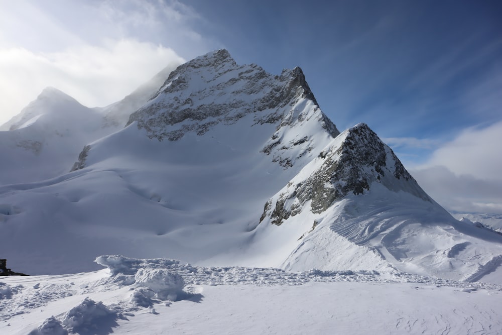 a mountain covered in snow under a blue sky