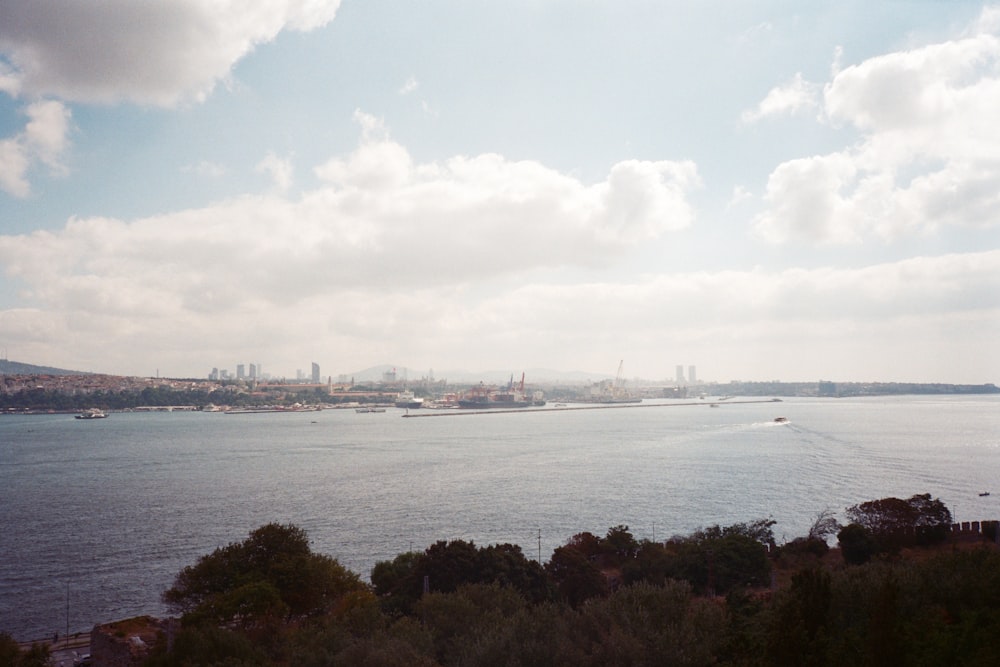 a large body of water with a city in the background