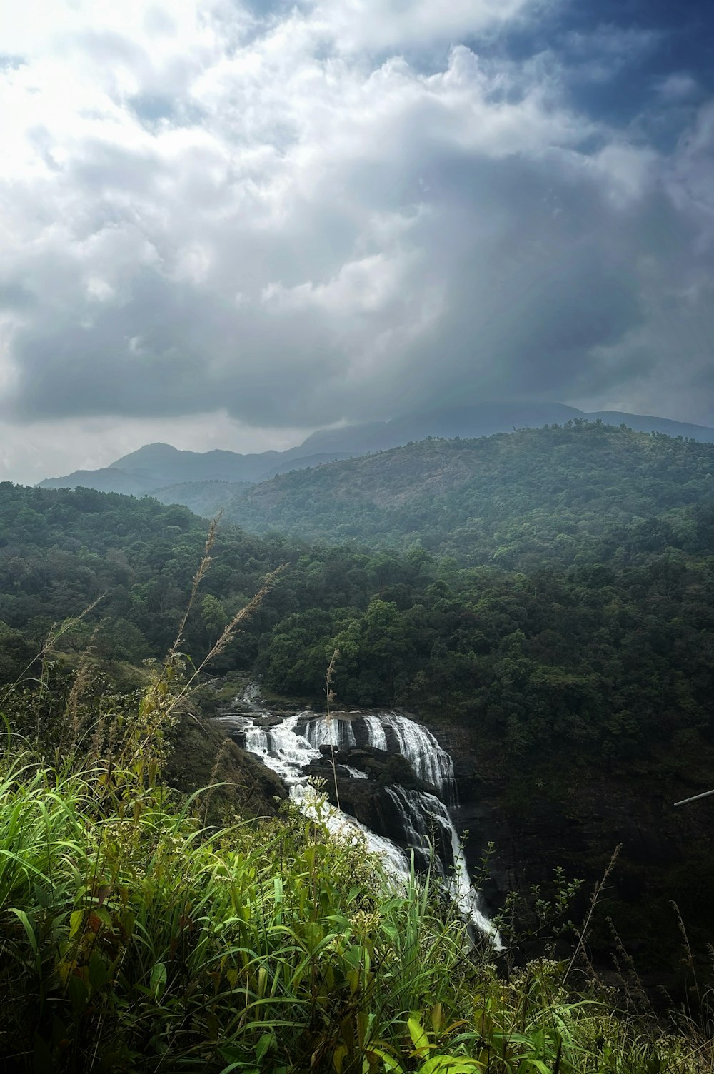 a waterfall in the middle of a lush green forest