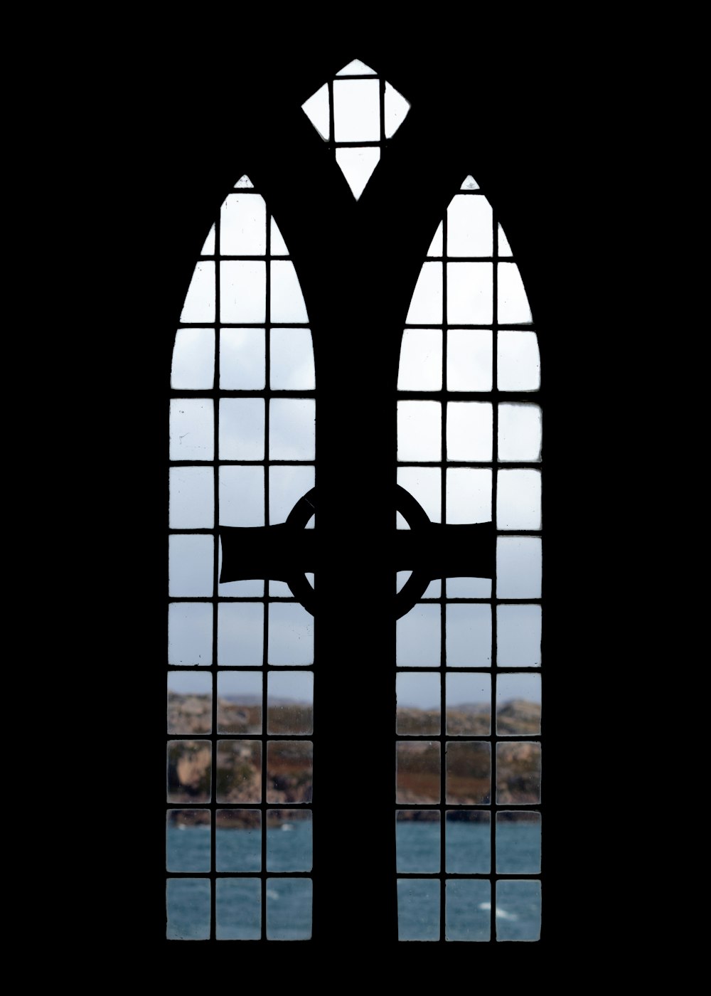 a window with a view of a body of water