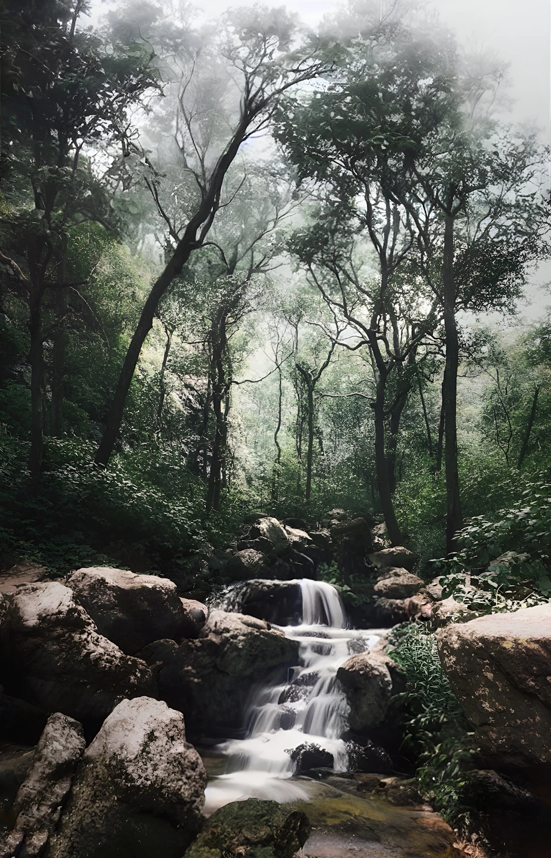 A cascading waterfall framed by lush forest and rocks in Pachmarhi