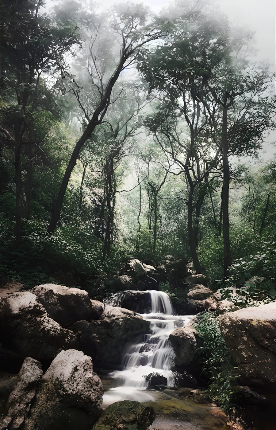 A cascading waterfall surrounded by Pachmarhi forest