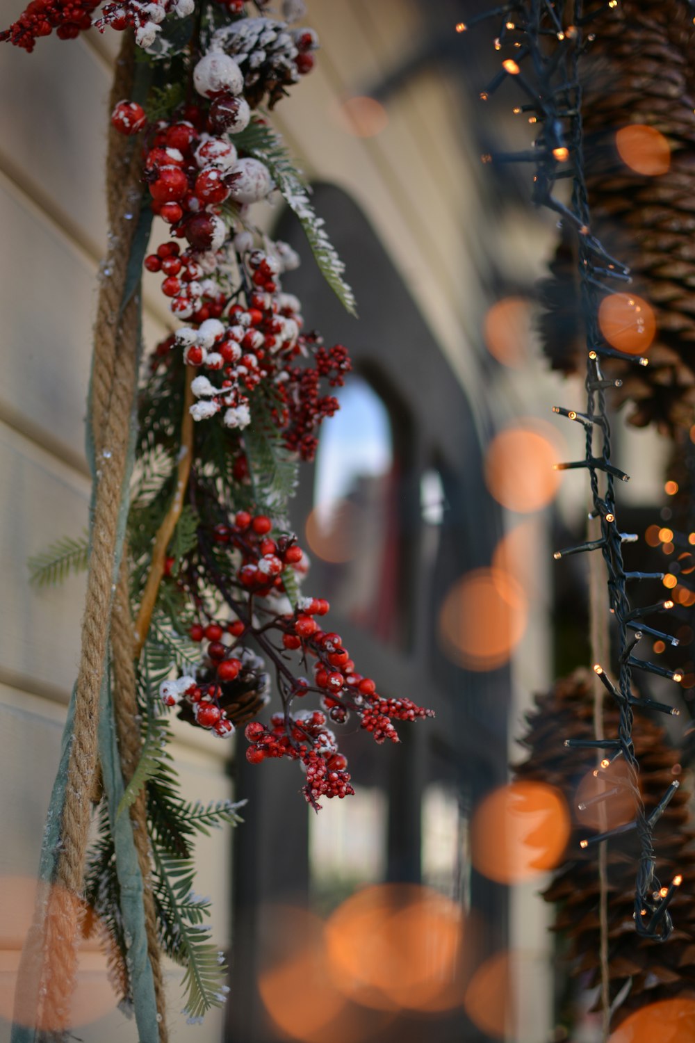 a bunch of pine cones hanging from the side of a building