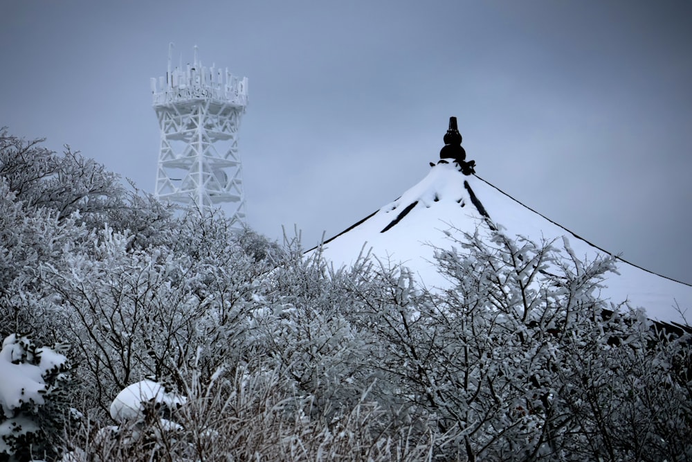 a very tall tower sitting above a forest covered in snow