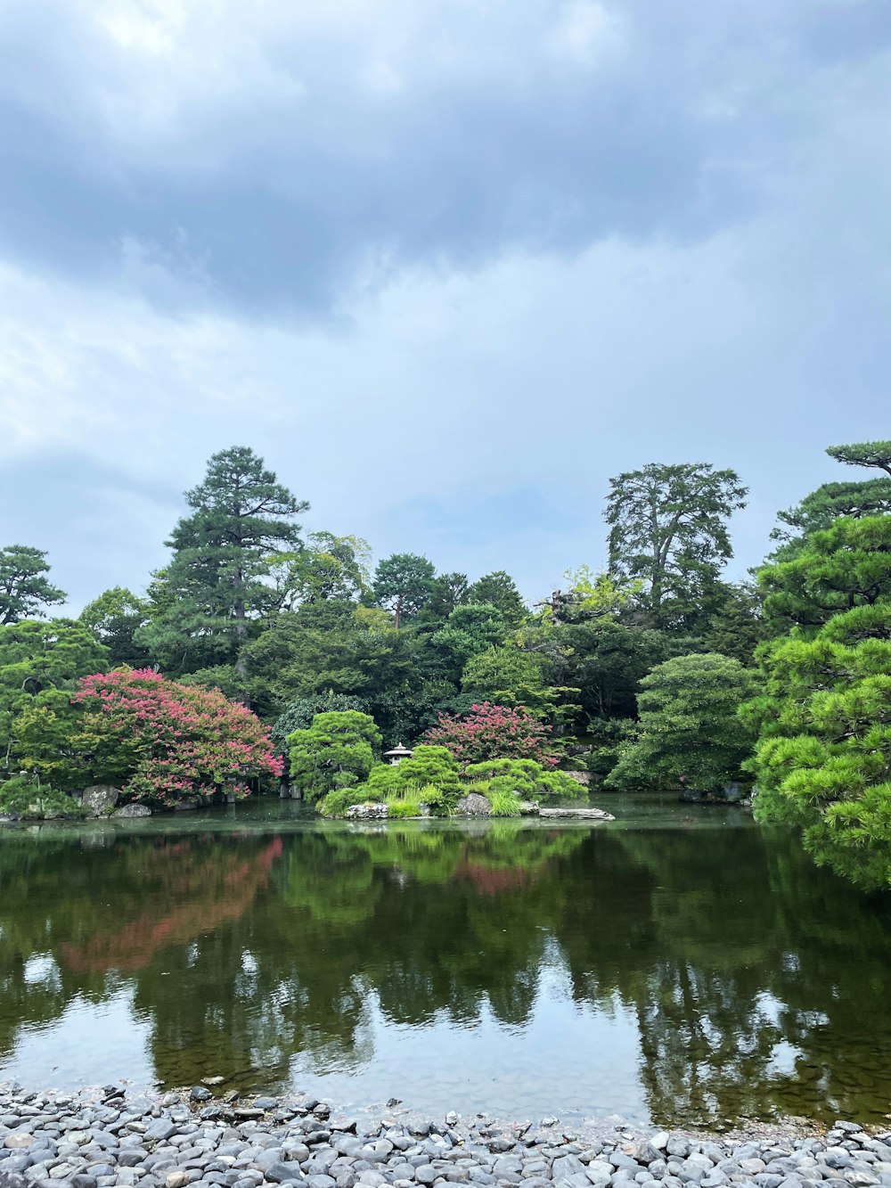 a pond surrounded by trees and rocks