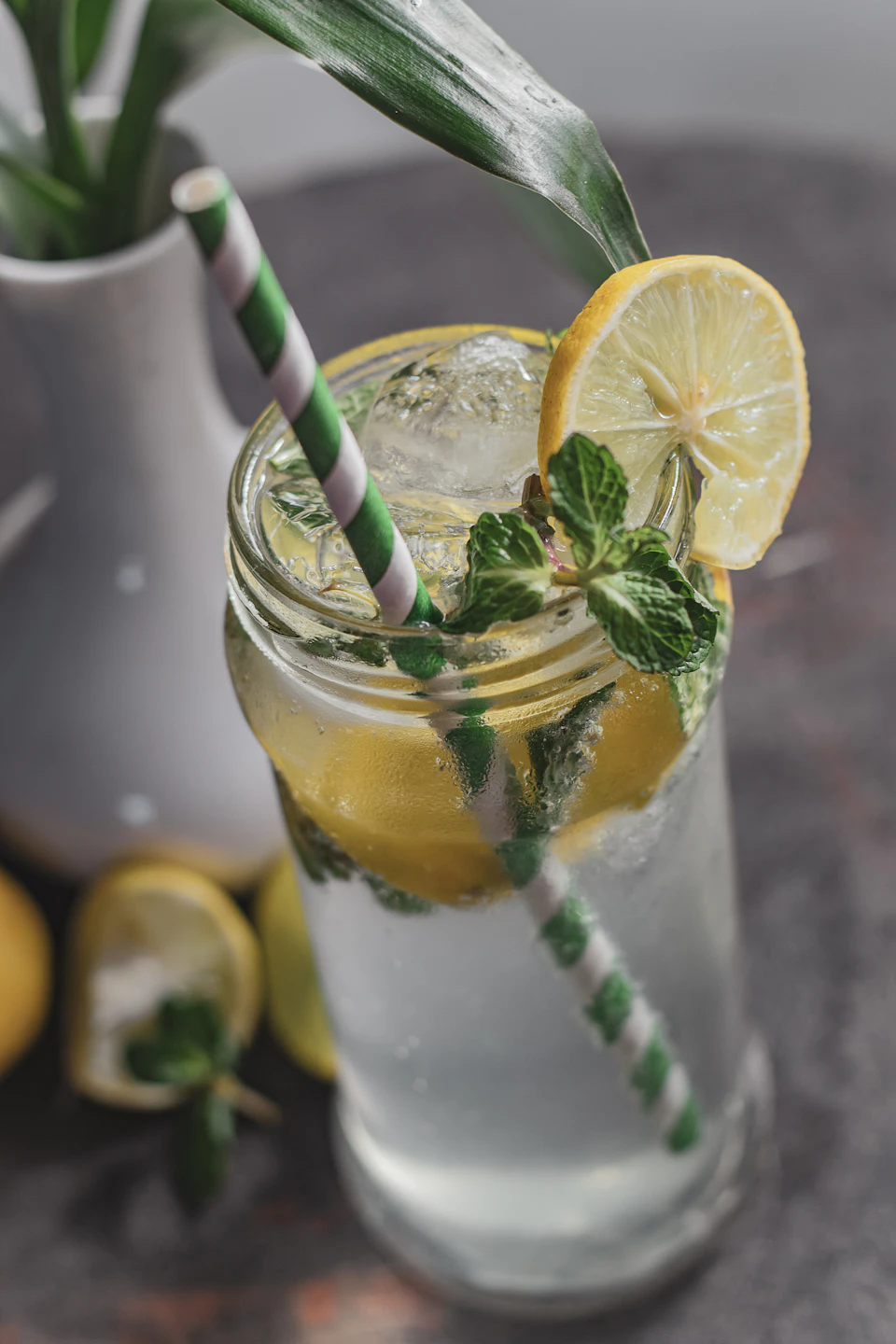 Tall glass filled with ice water, garnished with lemon slices and mint leaves