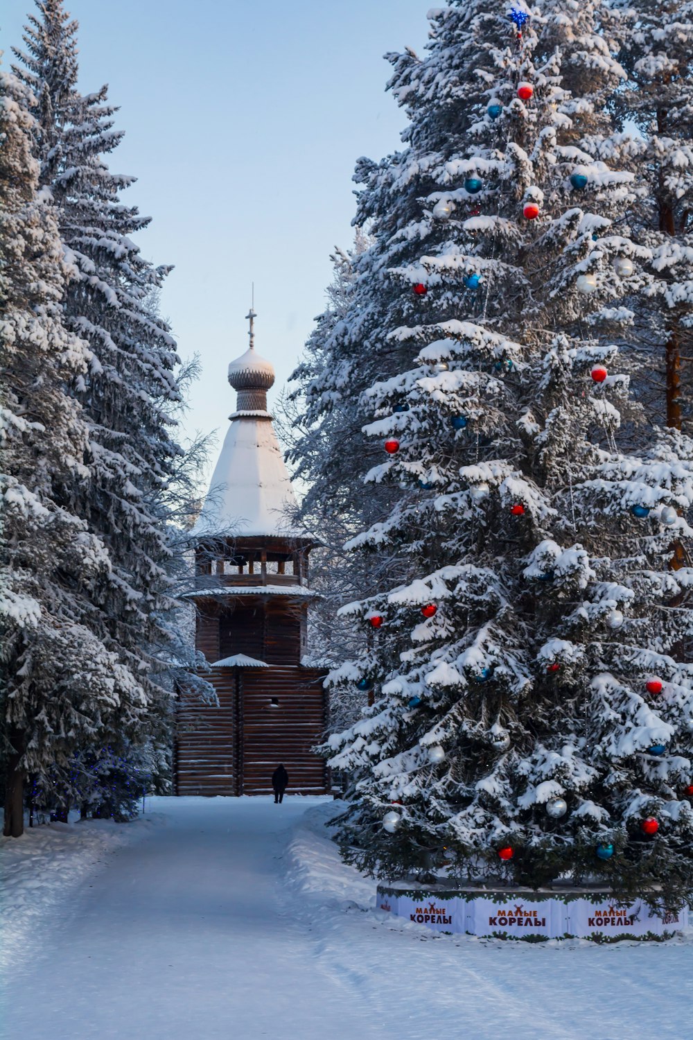 a clock tower in the middle of a snowy forest