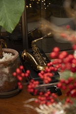 a table topped with a potted plant next to a saxophone