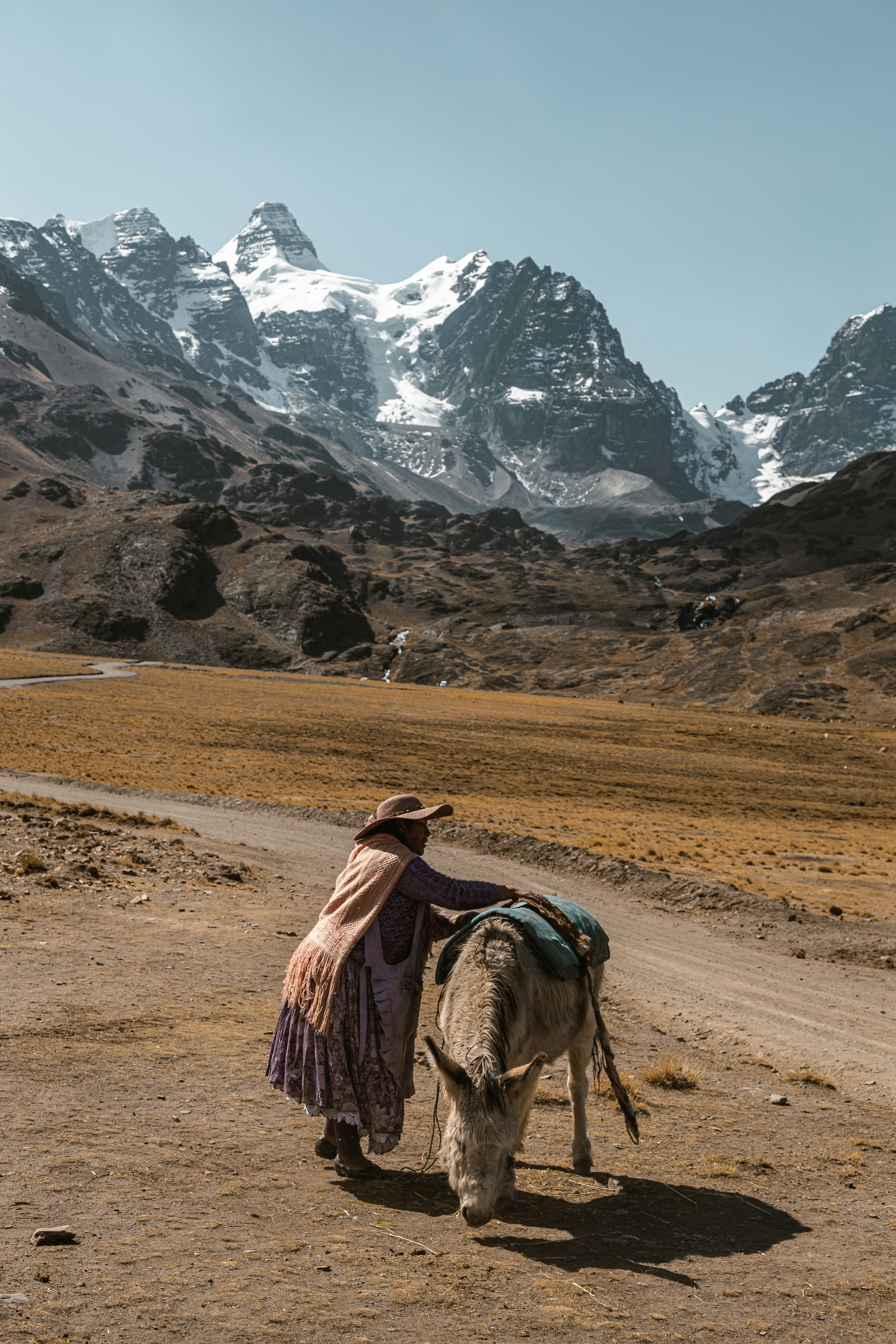 a woman walking a donkey down a dirt road