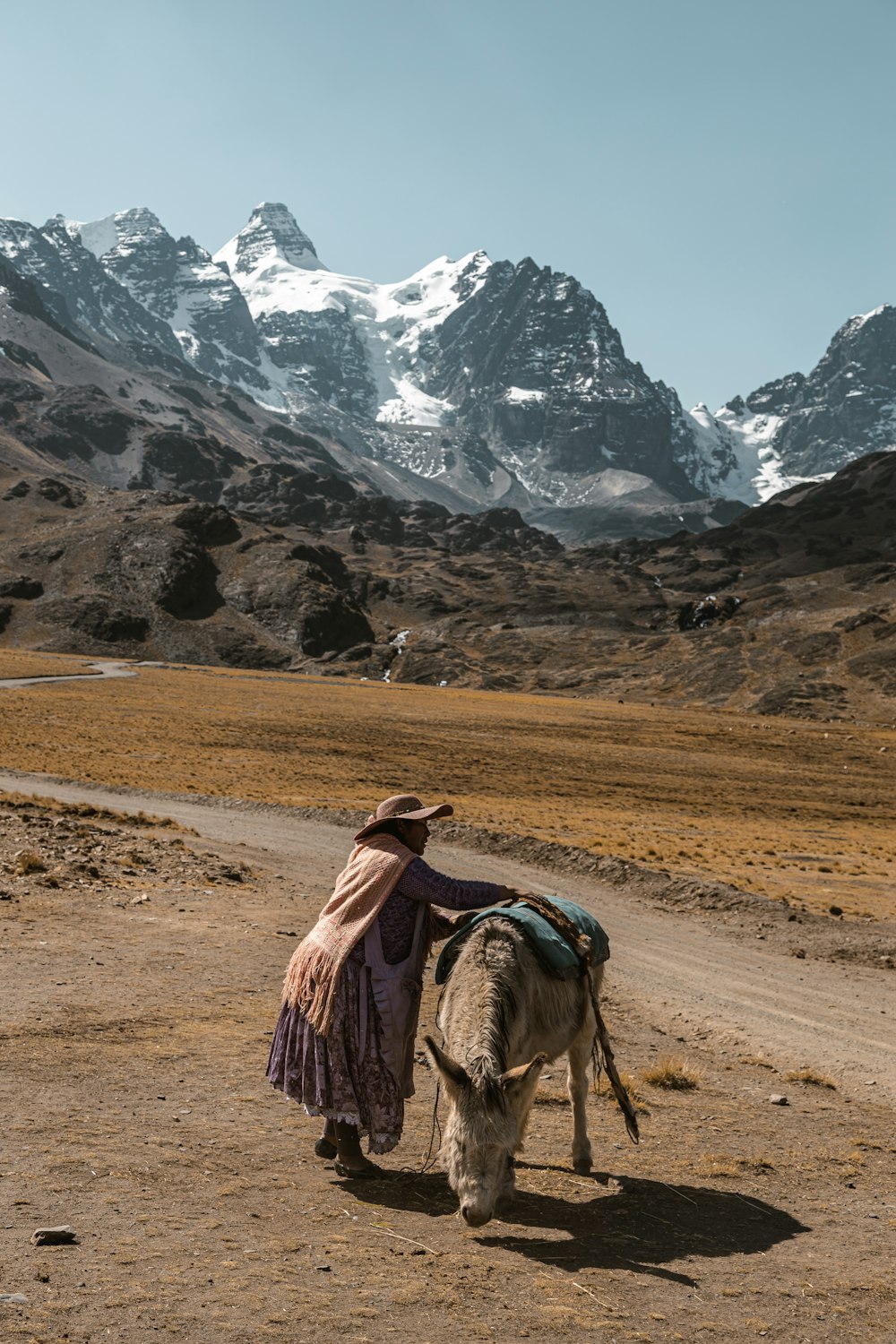 a woman walking a donkey down a dirt road