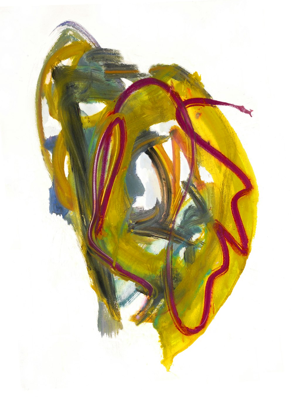 a painting of a yellow and red object