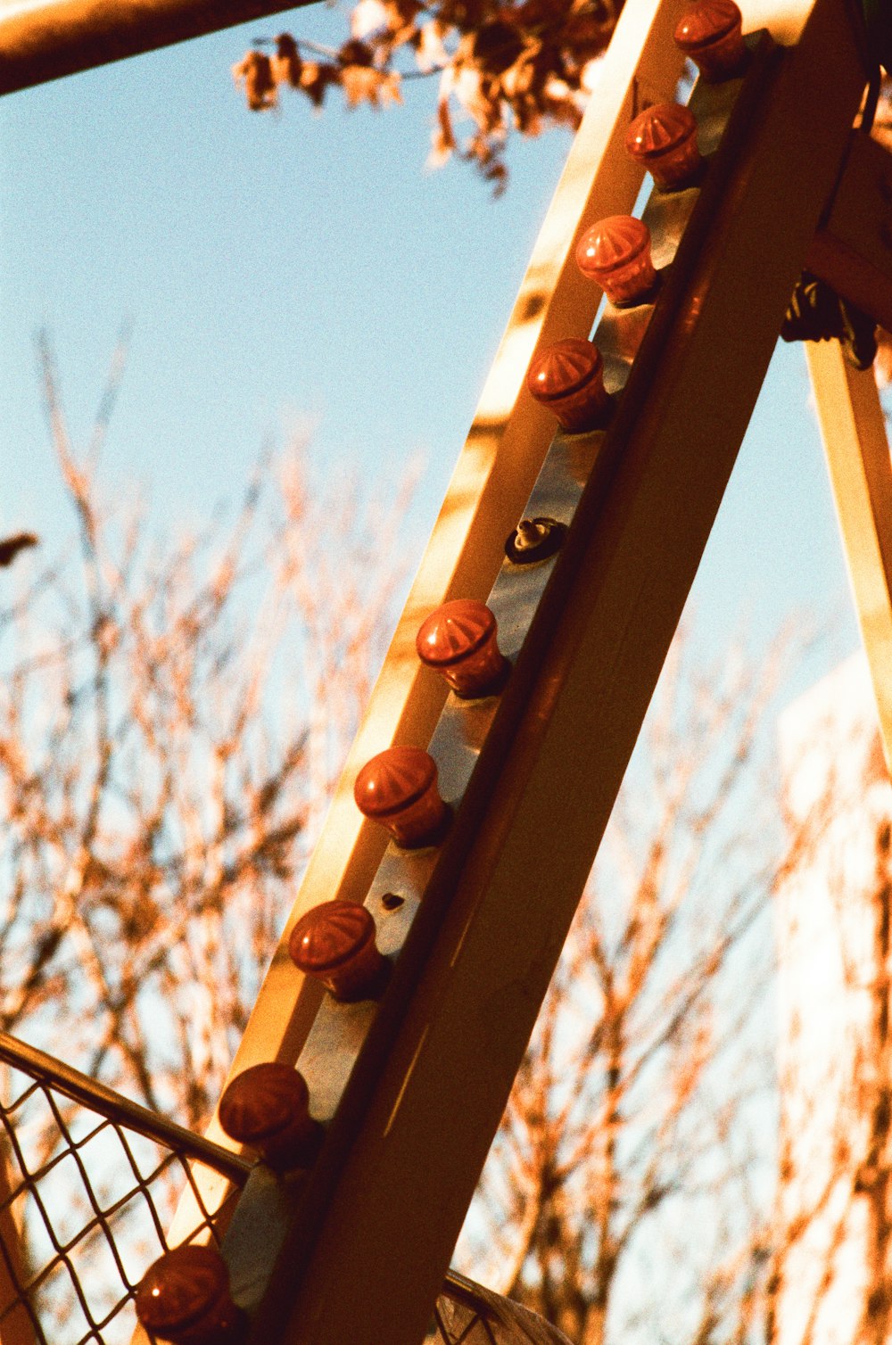 a metal ladder with donuts on it next to a tree