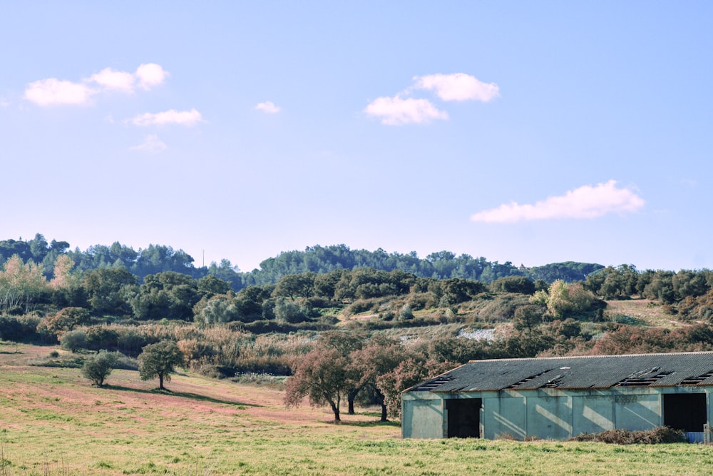 a barn in a field with trees in the background