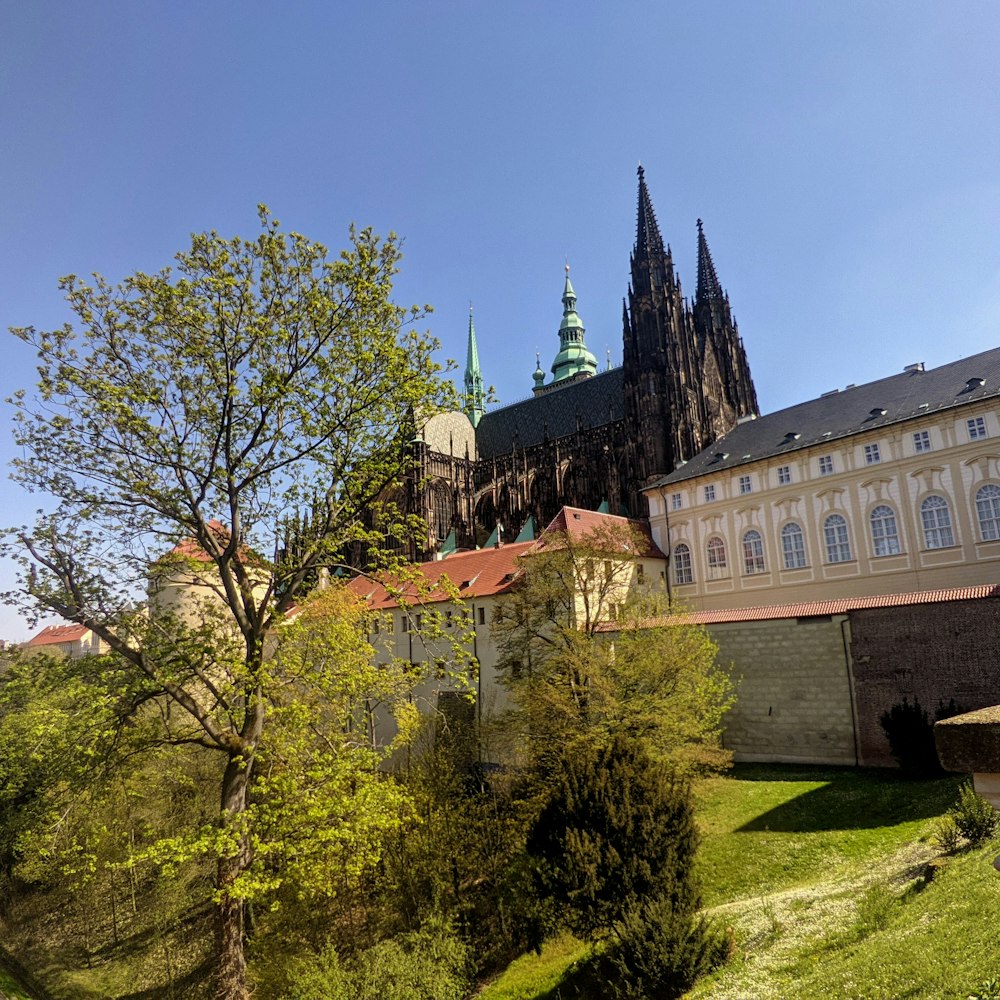 Blick auf eine Burg von der anderen Seite des Flusses