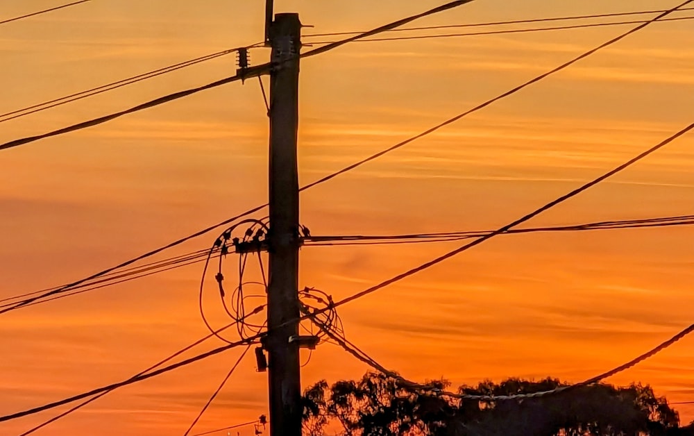 a telephone pole and wires against a sunset sky