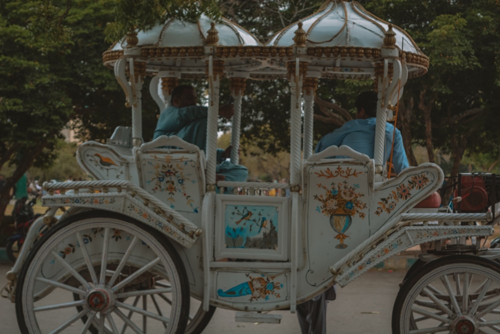 a white horse drawn carriage on a city street