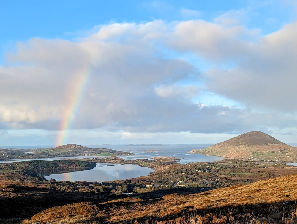 ein Regenbogen am Himmel über einem See und Bergen