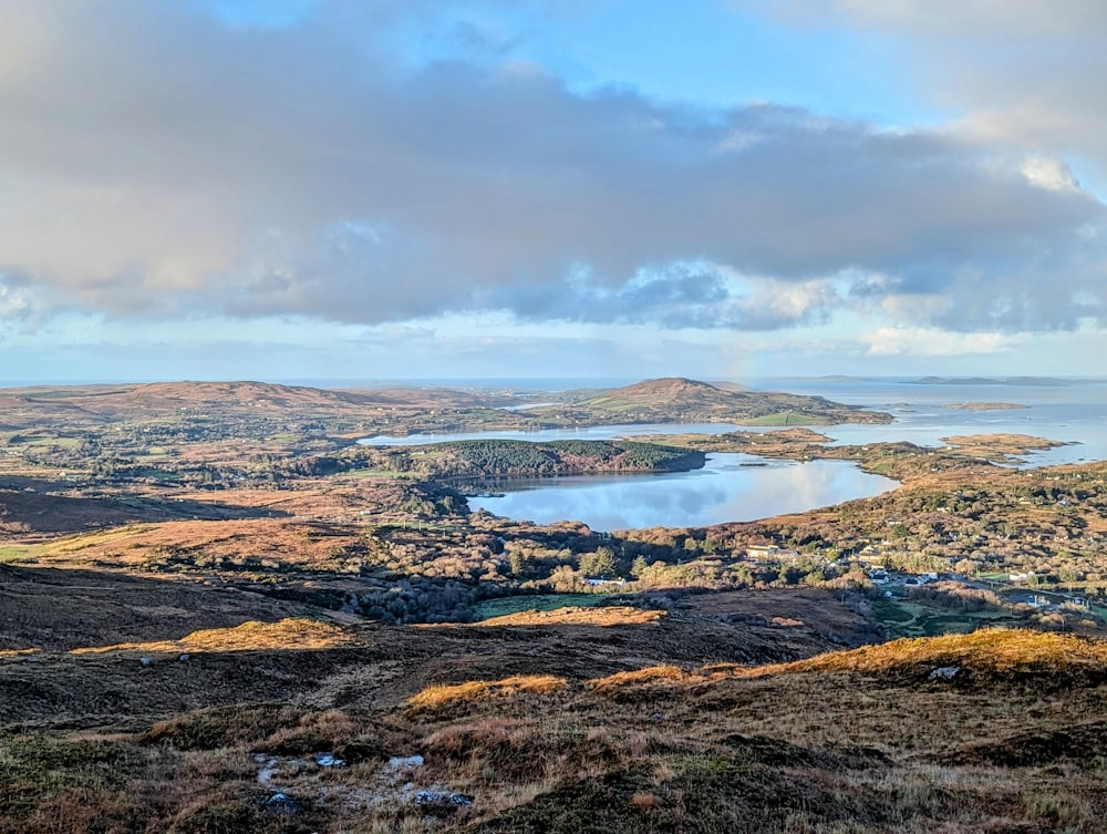 a scenic view of a lake surrounded by hills