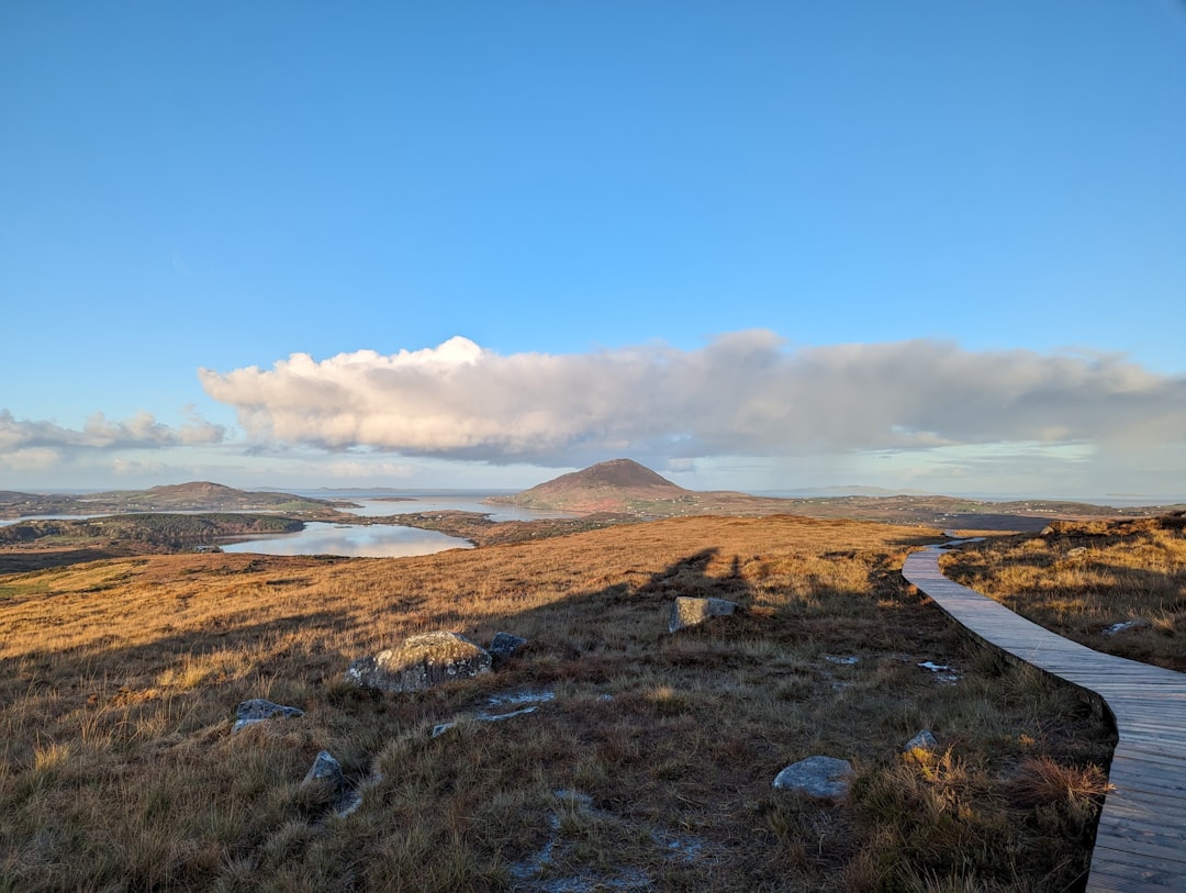 a wooden walkway in a grassy field with mountains in the background, View from Diamond Hill in Connemara National Park i